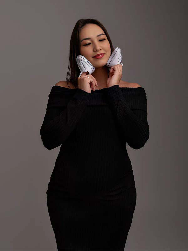 Momsmood Off Shoulder Back Slit Flare Sleeve Bodycon Elegant Photoshoot Maternity Maxi Sweater Dress