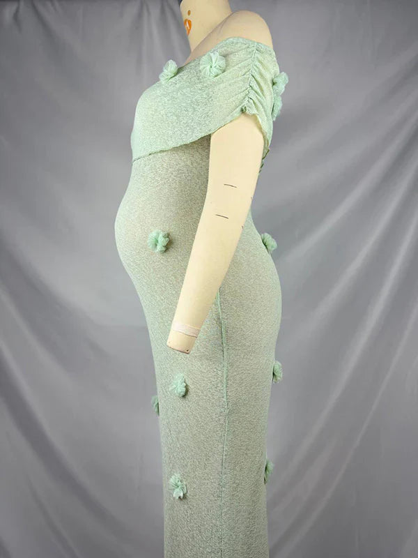 Momsmood Matcha Knit 3D Flowers Off Shoulder Elegant Maternity Maxi Dress