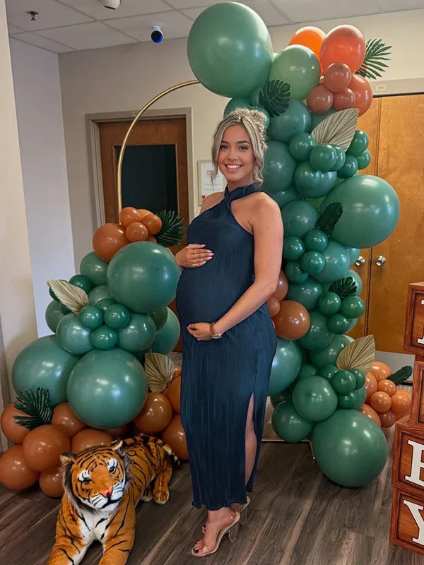 Momsmood Dark Blue Halter Neck Off Shoulder Kink Side Slit Baby Shower Maternity Photoshoot Maxi Dress