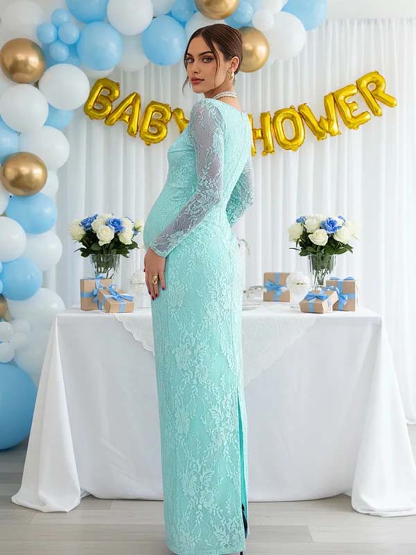 Momsmood Lace Ruffle Back Slit Square Neck Bodycon Maternity Maxi Dress