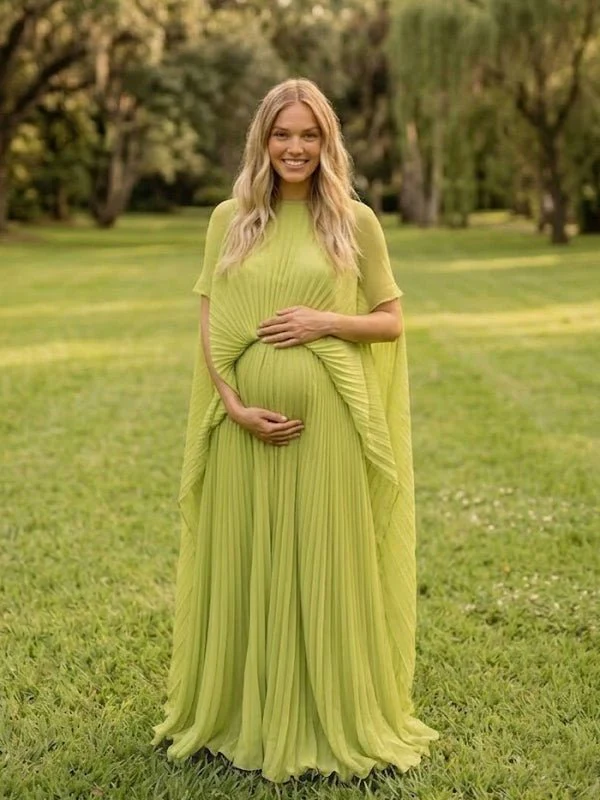Light Green Pleated Batwing Sleeve Backless Lace Up Maternity Maxi Dress