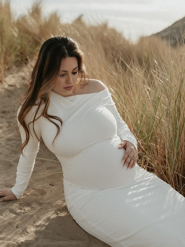 Momsmood Pink Oblique Shoulder Ruched Maternity Photoshoot Maxi Dress