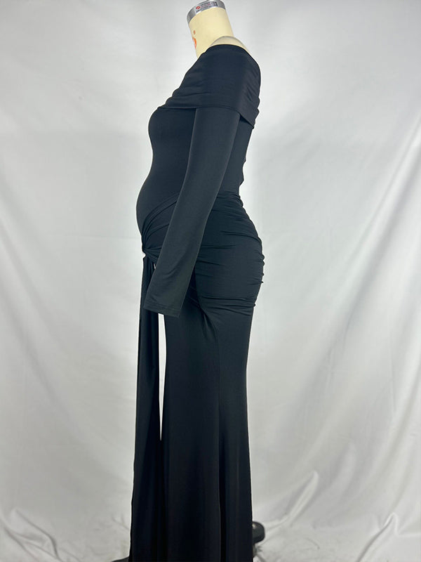 Momsmood Black Off Shoulder Draped Ruched Metal Buckle Bodycon Elegant Maternity Photoshoot Maxi Dress