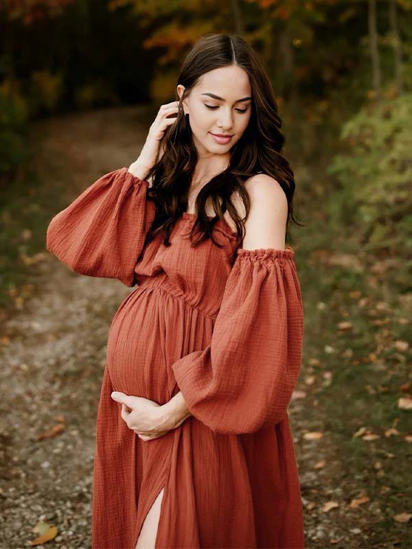 Momsmood Orange Off Shoulder Side Slit Ruffle Photoshoot Maternity Maxi Dress