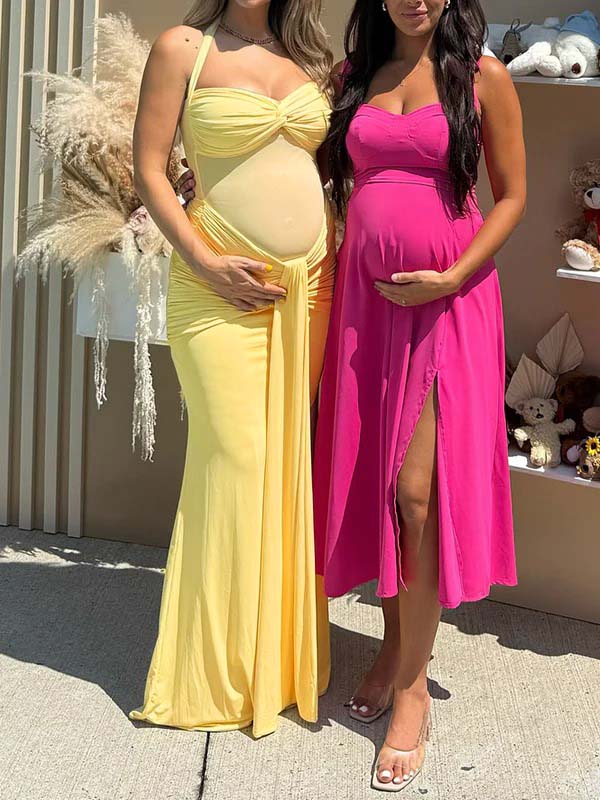 Momsmood Mesh Ruched Draped Halter Neck Backless Maternity Maxi Dress