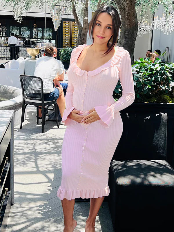 Momsmood Pink Knit Falbala Ruffle Hem Single Breasted Flare Sleeve Bodycon Elegant Hoing Out Maternity Babyshower Maxi Sweater Dress