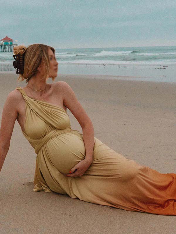 Momsmood Drawstring Gradient Color Backless Photoshoot Maternity Maxi Dresses
