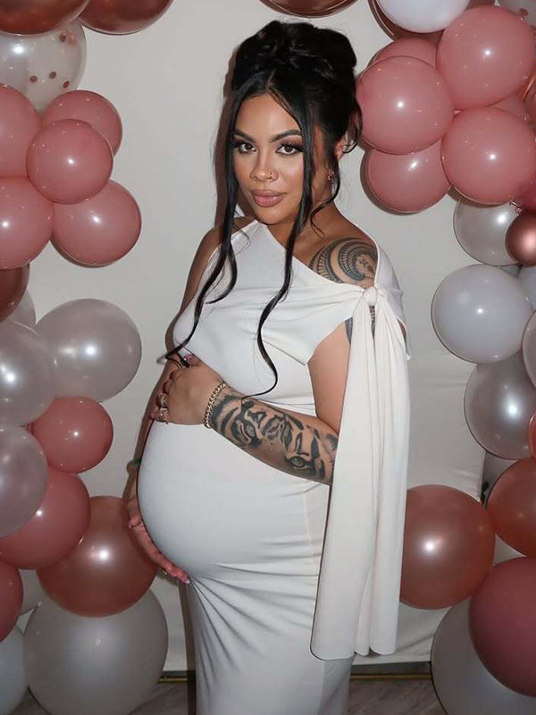 Momsmood Strap Ties One Shoulder Mermaid Bodycon Elegant Photoshoot Baby Shower Maternity Maxi Dress
