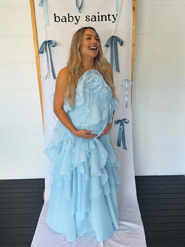 Cake Ruffle 3D Flower Backless Baby Shower Maternity Maxi Dress