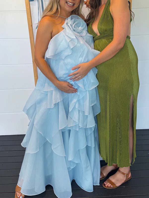 Cake Ruffle 3D Flower Backless Baby Shower Maternity Maxi Dress