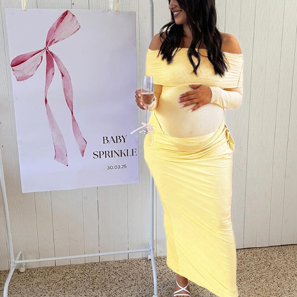 Momsmood Off Shoulder Cut Out Grenadine Splicing Sheer Ruched Baby Shower Maternity Maxi Dress