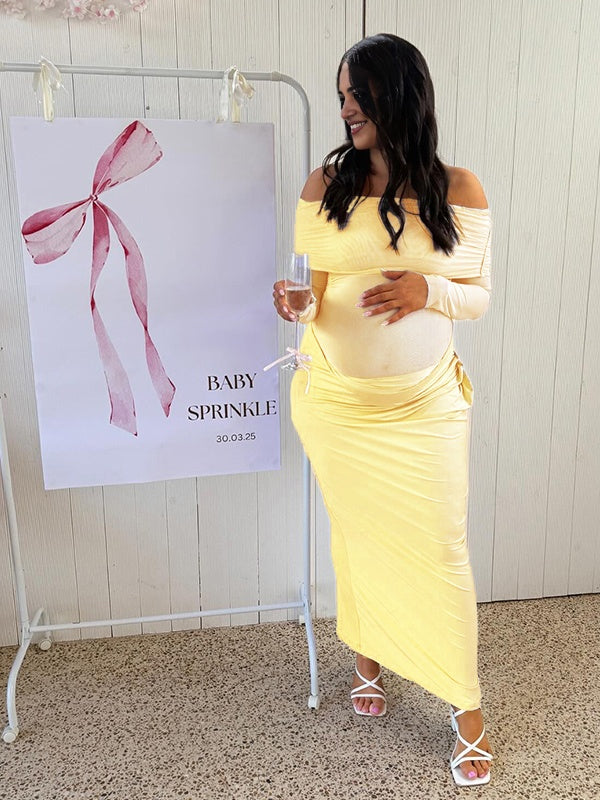 Momsmood Off Shoulder Cut Out Grenadine Splicing Sheer Ruched Baby Shower Maternity Maxi Dress