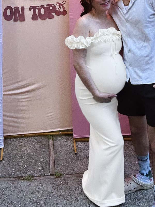 White Off Shoulder Ruffle Tie Bodycon Shower Maternity Maxi Dress
