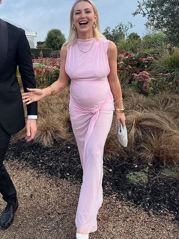 Momsmood Pink Lace-up Pennant Grenadine Banquet Party Baby Shower Maternity Photoshoot Maxi Dress