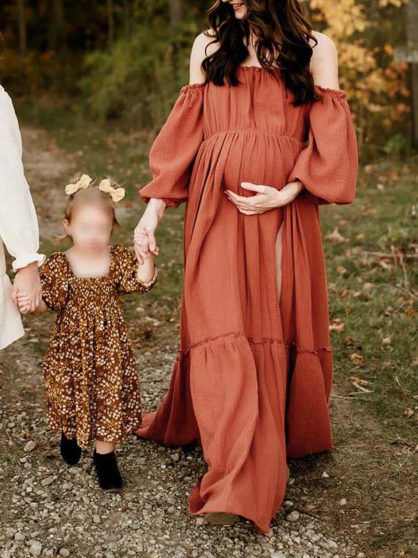 Momsmood Orange Off Shoulder Side Slit Ruffle Photoshoot Maternity Maxi Dress