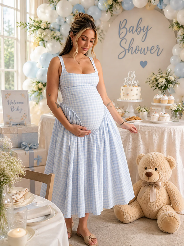 Momsmood Plaid Tank A-line Elegant Maternity Baby Shower Maxi Dress
