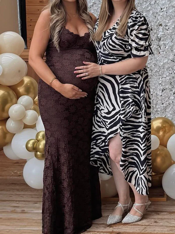 Momsmood Coffee Lace Hollow Out Cami V-neck Maternity Maxi Dress