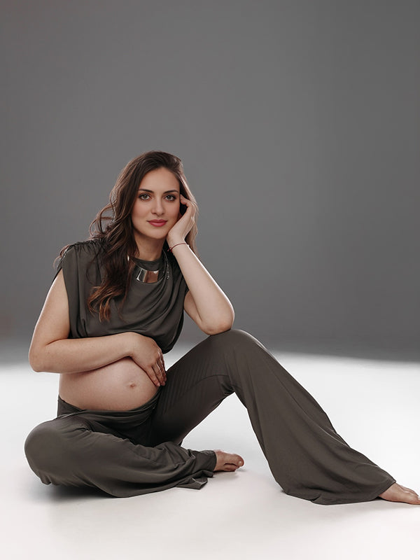 Grey Ruched Bare The Waist Two Piece Maternity Photoshoot Flared Pants
