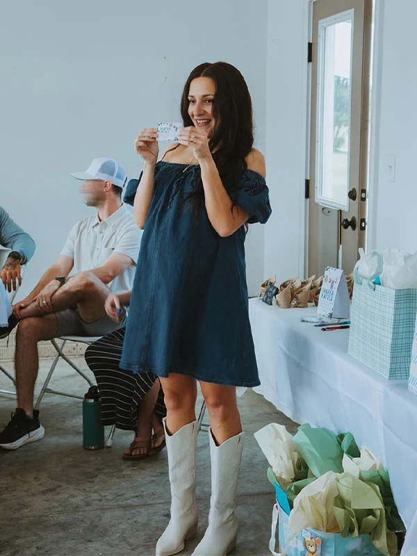 Dark Blue Denim Pockets Bow Baby Shower Maternity Mini Dress