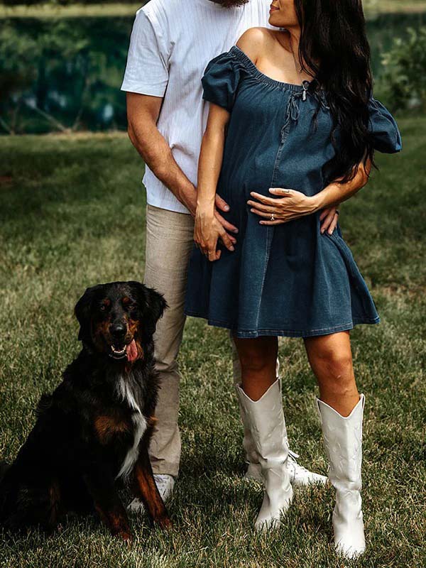 Dark Blue Denim Pockets Bow Baby Shower Maternity Mini Dress