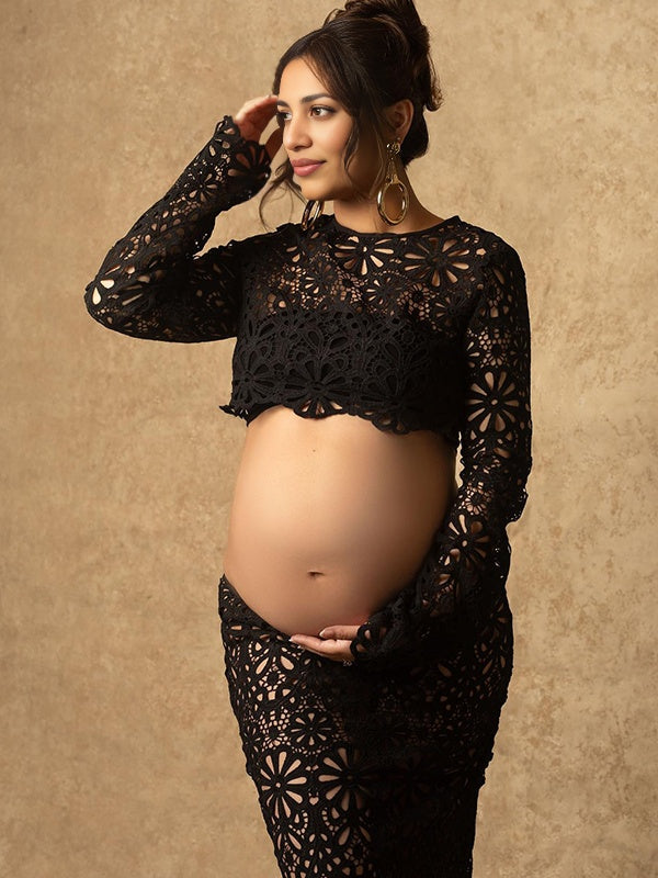 Momsmood Black Lace Skeleton Two Piece Bodycon Beach Vacation Baby Shower Maternity Photoshoot Suits