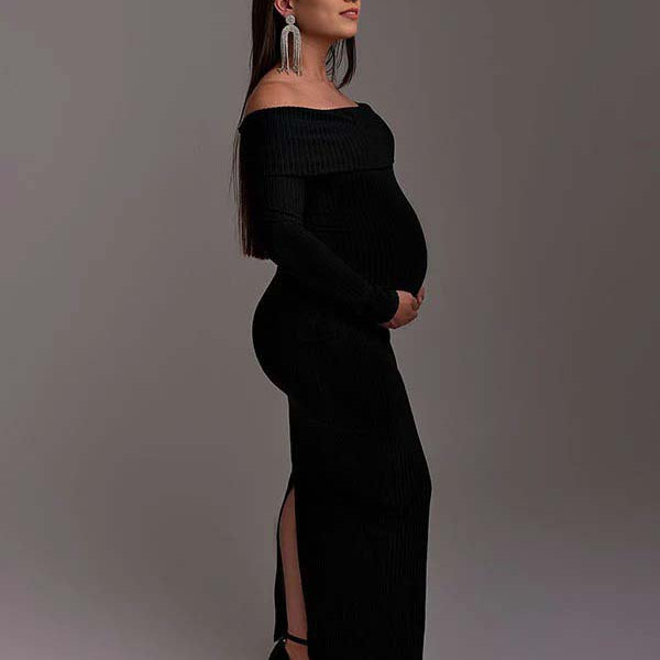 Momsmood Off Shoulder Back Slit Flare Sleeve Bodycon Elegant Photoshoot Maternity Maxi Sweater Dress