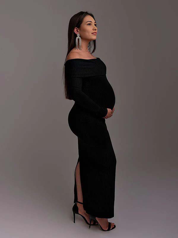 Momsmood Off Shoulder Back Slit Flare Sleeve Bodycon Elegant Photoshoot Maternity Maxi Sweater Dress