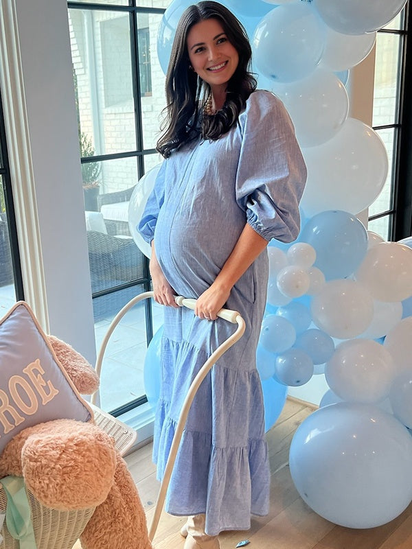 Momsmood  Blue Turndown Collar Buttons Ruched Daily Going out Baby Shower Maternity Photoshoot Maxi Dress