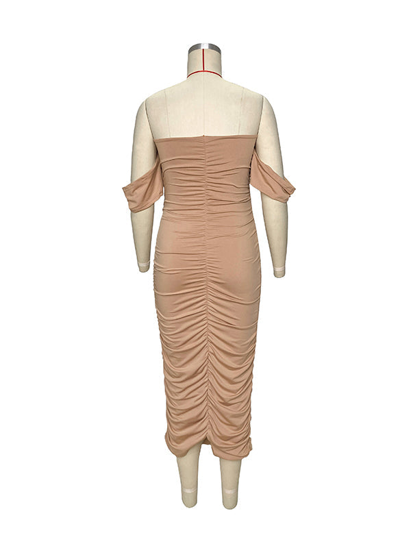 Momsmood Khaki Ruched Off Shoulder Belly Friendly Baby Shower Club Party Tube Bodycon Maternity Midi Dress