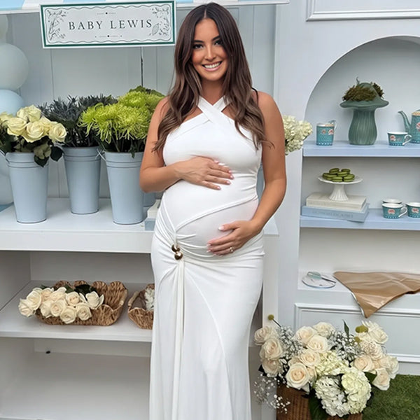 White Ruched Buckle Baby Shower Maternity Maxi Dress