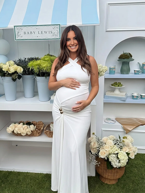 White Ruched Buckle Baby Shower Maternity Maxi Dress