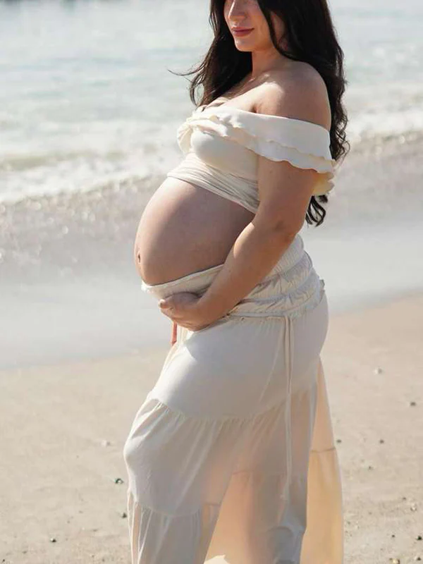 Momsmood Ivory White Two Piece Set Off Shoulder Ruffle Falbala Bodycon Elegant Maternity Boho Photoshoot Baby Shower Maxi Dress