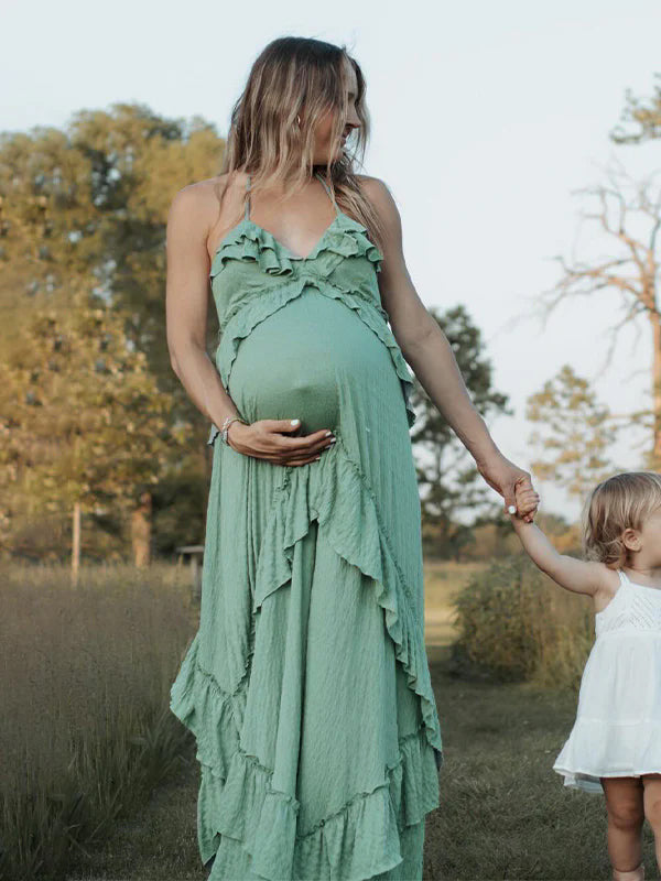 Momsmood Green Ruffle Big Swing Flowy V-neck Backless Elegant Photoshoot Baby Shower Maternity Maxi Dress