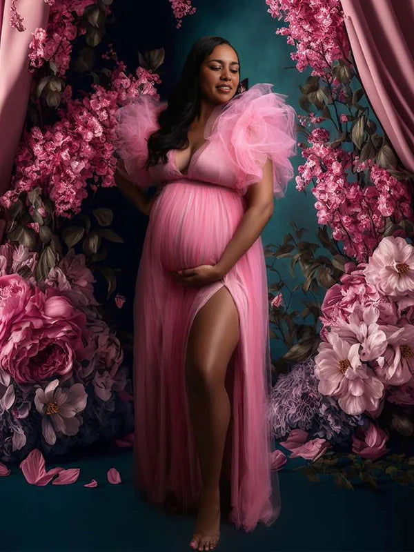 Momsmood Maternity Plus Size Tulle Ruffle V-neck Slit Photoshoot Baby Shower Maxi Dress