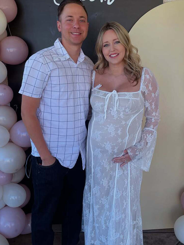 Momsmood White Lace Corset Square Neck Flare Sleeve Off Shoulder Bodycon Maternity Maxi Dress/Gown