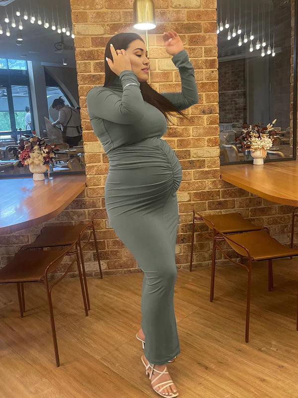 Momsmood Solid Color Ruched High Neck Long Sleeve Bodycon Basic Going Out Elegant Maternity Baby Shower Maxi Dress
