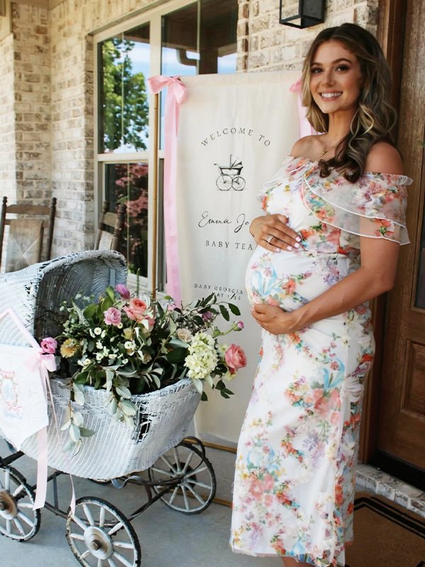 Ruffle Flouncy Tulle Off Shoulder Ruched Flower Maternity Maxi Dress