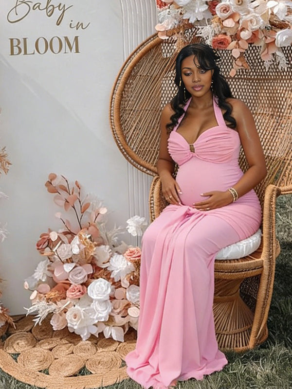 Momsmood Halter Neck Backless Ruched Lace Up Maternity Baby Shower Maxi Dress