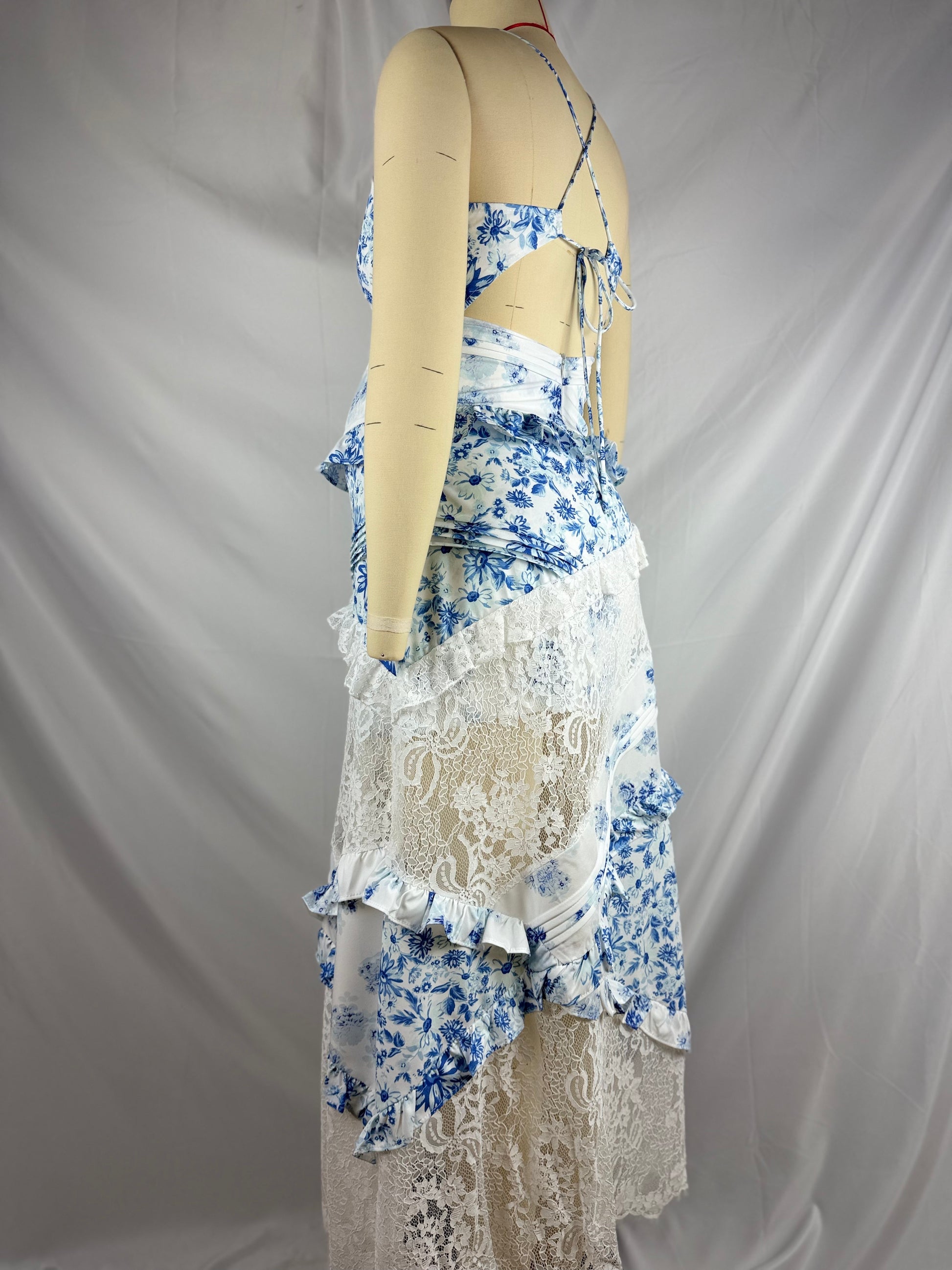 Blue Spaghetti Strap Strap Stamp Lace Falbala Maternity Baby Shower Maxi Dress