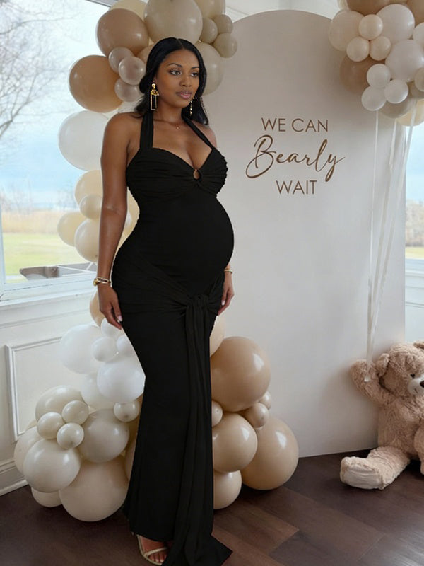 Momsmood Halter Neck Backless Ruched Lace Up Maternity Baby Shower Maxi Dress