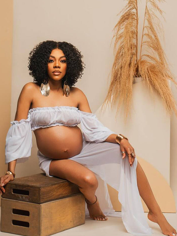 Momsmood Chic White Two Piece Falbala Slits On Both Sides Transparent Off Shoulder Flowy Beach Maternity Photoshoot Maxi Dress