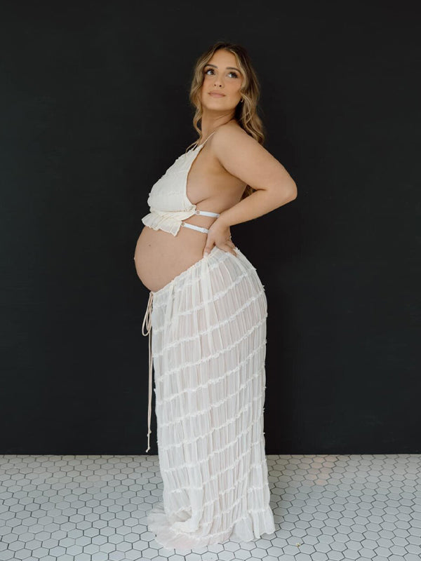 Momsmood Beige 2 Piece Smocked Ruffle Backless Flowy Elegant Vacation Beach Photoshoot Maternity Maxi Dress