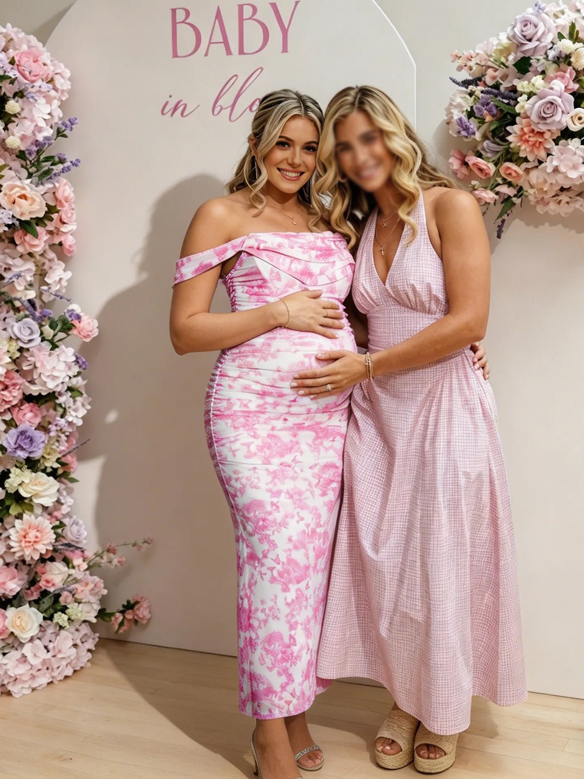 Floral Boning Ruched Mesh Off Shoulder Bodycon Maternity Maxi Dress