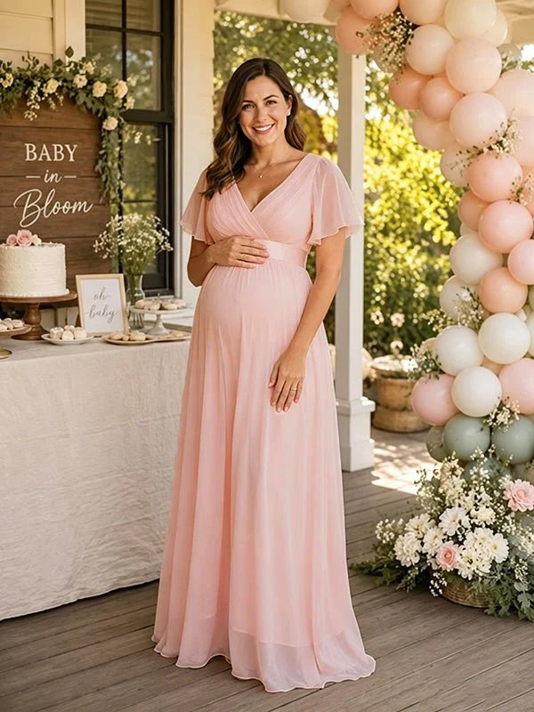 Elegant Pink Tulle Stretch Chiffon A-Line Flare Sleeve Maternity Maxi Dress