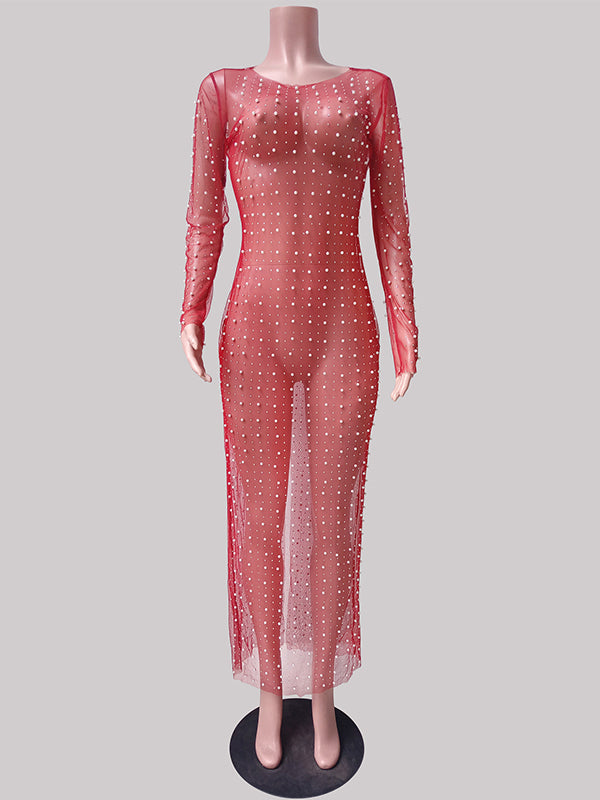 Momsmood Mesh Solid Color Beading Pearl Rhinestone Long Sleeve Cover-ups Side Slit Photoshoot Maternity Maxi Dress