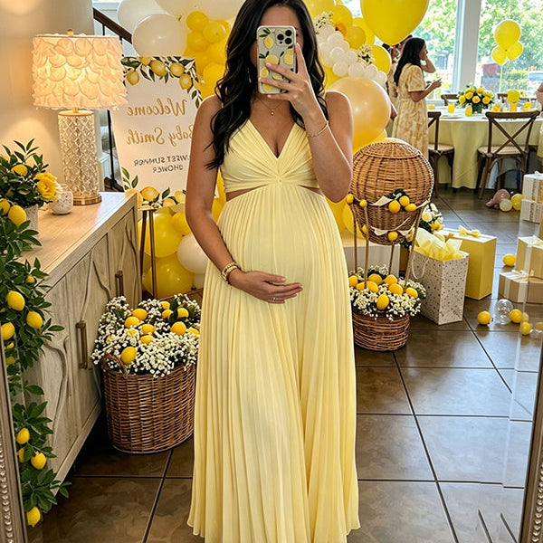 Elegant Yellow Pleated Flowy A-Line Waist Cutout Maternity Maxi Dress