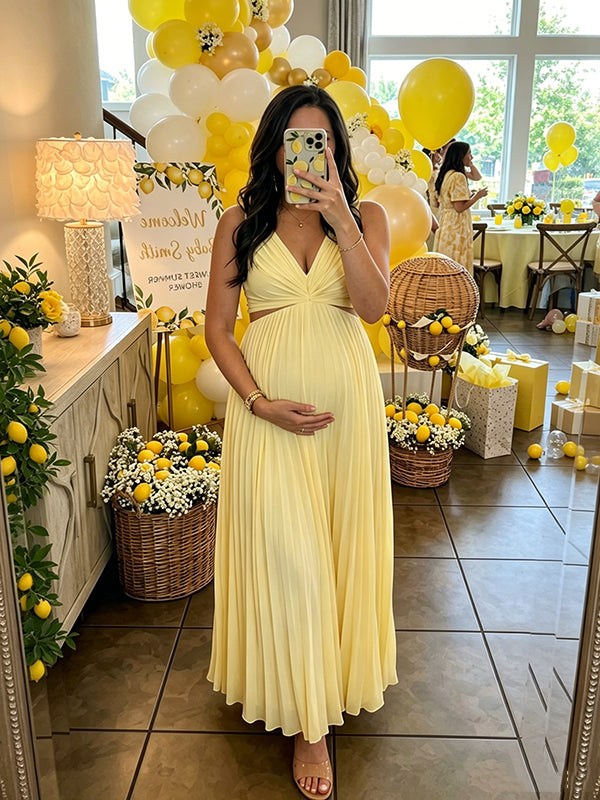 Elegant Yellow Pleated Flowy A-Line Waist Cutout Maternity Maxi Dress