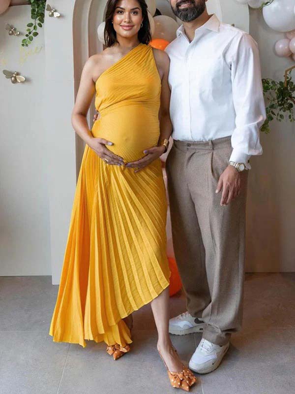 Momsmood Yellow Pleated Cut Out One Shoulder Big Swing Plus Size Elegant Maternity Maxi Dress