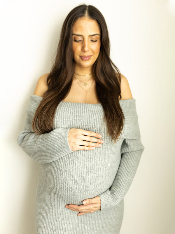 Momsmood Off Shoulder Solid Color Mermaid Bodycon Elegant Photoshoot Maternity Maxi Sweater Dress