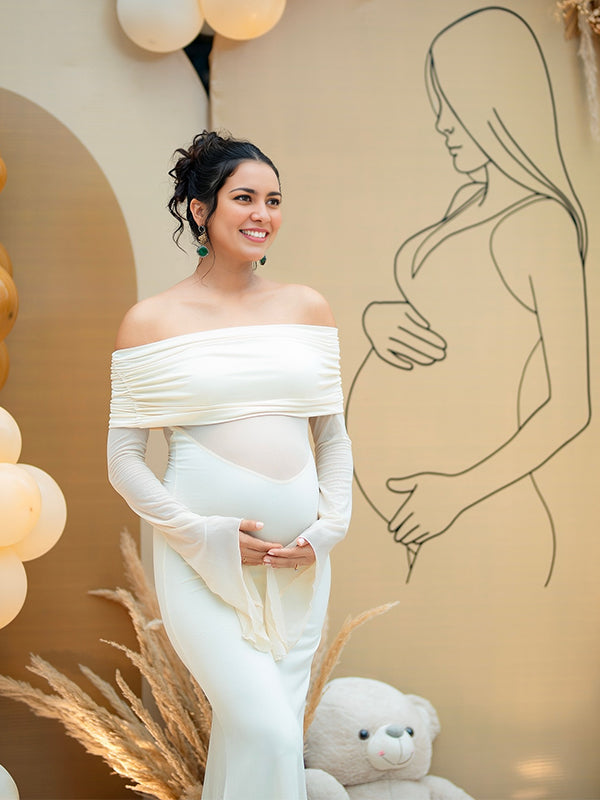 Apricot Off Shoulder Flare Sleeve Maternity Baby Shower Maxi Dress